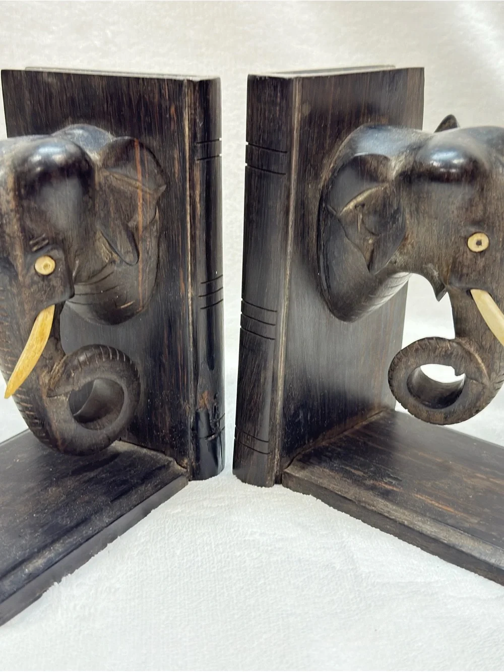 Ebony Hand-Carved Black Elephant Head Bookends - Decorative Wall Accent